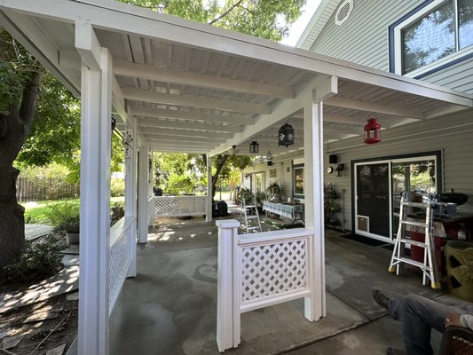 Back yard Patio cover (Elk Grove) - This project we had replaced dry rot wood as well as a whole new roof installed on it and then completely painted Ultra Pure White . Back yard Patio cover (Elk Grove) - This project we had replaced dry rot wood as well as a whole new roof installed on it and then completely painted Ultra Pure White .
