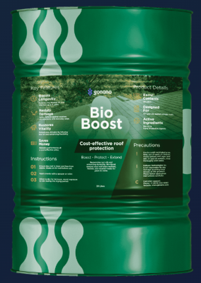 Bio Boost - GoNano Bio-Boost™ is a cost-effective treatment designed for aging asphalt shingle roofs, typically 10 years and older, to help extend functional roof life up to 5 additional years. Formulated with GoNano’s nanotechnology and renewable bio-oils, Bio-Boost penetrates the shingle surface to improve flexibility, reduce dryness, and enhance resistance to moisture and environmental exposure. This environmentally conscious solution provides practical protection for roofs that are beginning to show signs of age, offering a sustainable option for maintaining performance without premature replacement.