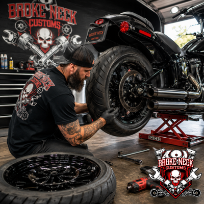 Tire Replacement at Broke Neck Customs - Stay safe and ride smooth with professional tire replacement from Broke Neck Customs. Whether you need a fresh set for performance, safety, or style, our team offers fast, reliable tire services. We stock trusted brands, handle installation with precision, and make sure your bike is road-ready before you roll out. Don’t let worn tires slow you down stop by Broke Neck Customs for expert care. Tire Replacement at Broke Neck Customs - Stay safe and ride smooth with professional tire replacement from Broke Neck Customs. Whether you need a fresh set for performance, safety, or style, our team offers fast, reliable tire services. We stock trusted brands, handle installation with precision, and make sure your bike is road-ready before you roll out. Don’t let worn tires slow you down stop by Broke Neck Customs for expert care.
