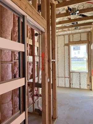 Spray Foam and batting insulation 2023 - New build home given 3.5 inches of open cell spray foam on all exterior walls with an R13 on interior walls. Spray Foam and batting insulation 2023 - New build home given 3.5 inches of open cell spray foam on all exterior walls with an R13 on interior walls.