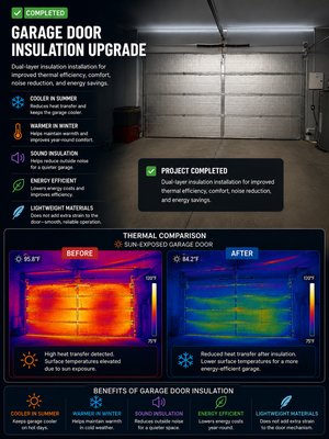 Garage Door Insulation Upgrade - Garage door upgraded with dual-layer reflective insulation for improved thermal efficiency, noise reduction, and year-round comfort.
Lightweight materials help maintain smooth door operation without adding extra strain to the mechanism.
🤔 Looking to improve your garage’s comfort and energy efficiency?
✅ Contact us for a free estimate. Garage Door Insulation Upgrade - Garage door upgraded with dual-layer reflective insulation for improved thermal efficiency, noise reduction, and year-round comfort.
Lightweight materials help maintain smooth door operation without adding extra strain to the mechanism.
🤔 Looking to improve your garage’s comfort and energy efficiency?
✅ Contact us for a free estimate.
