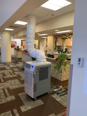 Rent AC - A Hospital lost heat in one of the areas where patients visited daily. Since the lead-time of the part was 8 weeks, the facility management team needed a quick solution. They called Porta-Air, and we installed 3 units in various location during the coldest months of winter. Rent AC - A Hospital lost heat in one of the areas where patients visited daily. Since the lead-time of the part was 8 weeks, the facility management team needed a quick solution. They called Porta-Air, and we installed 3 units in various location during the coldest months of winter.