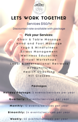 Workplace Wellness - Infuse your workspace with stress management techniques, meditation, and other wellness services to increase retention, productivity and employee satisfaction at work. Let's partner!