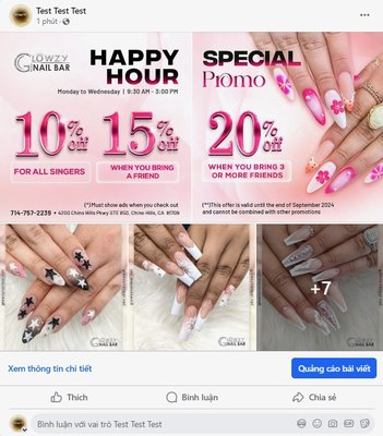 Happy Hour - 🎉[Special Promo]Happy Hour: Monday to Wednesday, 9:30 AM - 3:00 PM🎉
Enjoy these exclusive discounts:

👭 20% OFF when you bring 3 or more Friends! 
🎤 10% OFF for all Singers!
👯 15% OFF when you bring a Friend!

(*) Must show this ad when you check out.

⏳ This offer is valid until the end of September 2024 and cannot be combined with other promotions.

Don’t miss out—come pamper yourself and your friends!👭👬
•••
𝐆𝐥𝐨𝐰𝐳𝐲 𝐍𝐚𝐢𝐥 𝐁𝐚𝐫
☎️: (714) 757-2239
🏡: 4200 Chino Hills Pkwy., STE. 850, Chino Hills, CA 91709
🌍: glowzynailbar.us
#nails #nailspa #manicure #pedicure #nailart #naildesigns #dippingpowder #gelnails #nailsalonnearme #glowzynailbar #chinohills #promotion
