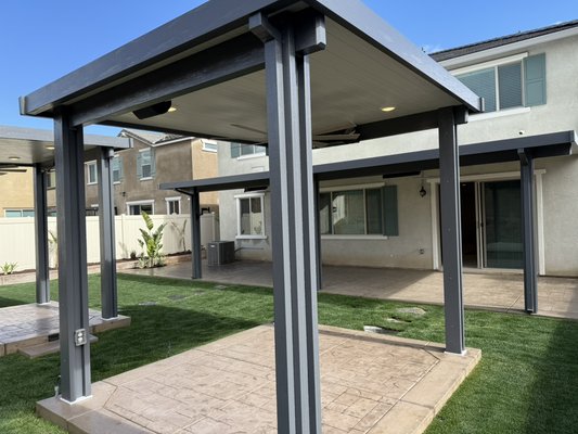 Gustavo -  The patio on the house is an insulated gray and white patio cover two fans eight lights three heaters two speakers for GFI outlets. Also TV mounted on the post and two free stand covers to freestanding covers with fans, lights and heaters and speakers. Gustavo -  The patio on the house is an insulated gray and white patio cover two fans eight lights three heaters two speakers for GFI outlets. Also TV mounted on the post and two free stand covers to freestanding covers with fans, lights and heaters and speakers.