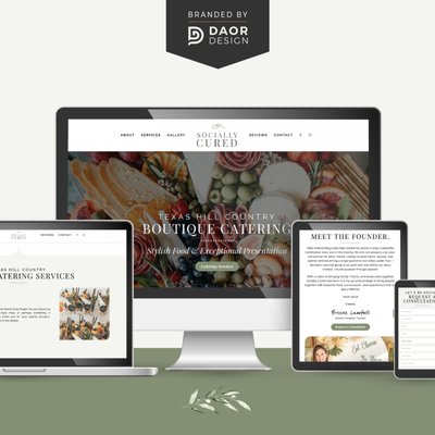 Simple Website for a Catering Company - Sometimes, small business owners just need a simple website for their business. That was the case with Breezie, the owner of Socially Cured, when she reached out to our team at Daor Design.
Breezie has a local catering boutique serving up one-of-a-kind culinary experiences throughout the Texas Hill Country. She was ready for a professionally-designed website to help showcase her work and make it easy for people to book her catering services. Check out our work on Breezie's simple, but beautiful website! Simple Website for a Catering Company - Sometimes, small business owners just need a simple website for their business. That was the case with Breezie, the owner of Socially Cured, when she reached out to our team at Daor Design.
Breezie has a local catering boutique serving up one-of-a-kind culinary experiences throughout the Texas Hill Country. She was ready for a professionally-designed website to help showcase her work and make it easy for people to book her catering services. Check out our work on Breezie's simple, but beautiful website!