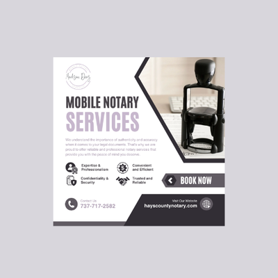 Mobile Notary Services - Hays County Notary Services
Call Today for a Consultation: 737-717-2582
Located in Kyle, TX, we offer reliable notary services, including mobile and online options. Our experienced notary publics ensure your documents are authenticated, signed, and sealed in compliance with state regulations.
Services Include:
Power of Attorney
Wills and Trusts
Affidavits and Oaths
And More!
Contact us today for all your notary needs. We bring convenience to your doorstep with our mobile services and offer the flexibility of online notarizations. Mobile Notary Services - Hays County Notary Services
Call Today for a Consultation: 737-717-2582
Located in Kyle, TX, we offer reliable notary services, including mobile and online options. Our experienced notary publics ensure your documents are authenticated, signed, and sealed in compliance with state regulations.
Services Include:
Power of Attorney
Wills and Trusts
Affidavits and Oaths
And More!
Contact us today for all your notary needs. We bring convenience to your doorstep with our mobile services and offer the flexibility of online notarizations.