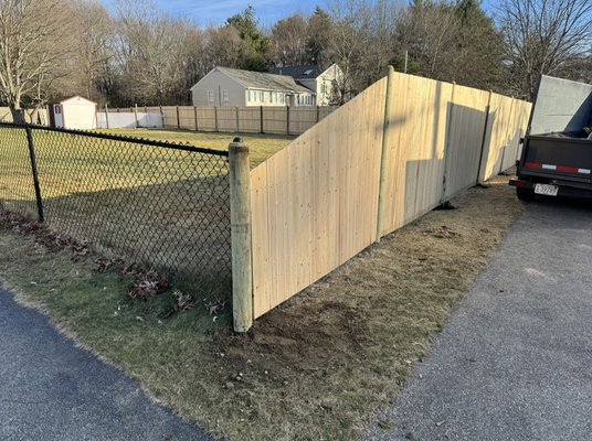Cedar fence remodel, 27 panels - We did this job because they’re getting sick of Mickey Mouse panels every season so we ripped out 27 panels and disposed of them then added 27 panels with 5 x 5 post Cedar fence remodel, 27 panels - We did this job because they’re getting sick of Mickey Mouse panels every season so we ripped out 27 panels and disposed of them then added 27 panels with 5 x 5 post