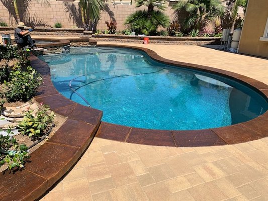 Cleaning and Sealing Pavers and Stamped Concrete - All this project was done in 1 day and with 3 step process.
Hot water pressure wash
Re Sanding
Sealing with water base penetrating sealer
Pool coping was colored sealed
Commercial walkways are on monthly maintenance plan