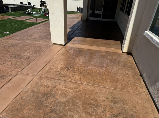 Staining and sealant of concrete - The customer spent a lot of money on their backyard several years ago and the concrete color had faded quite a bit. We stained it to their exact color likeness, and we put a sealant that has a UV protector to help it from fading. They were extremely pleased. Staining and sealant of concrete - The customer spent a lot of money on their backyard several years ago and the concrete color had faded quite a bit. We stained it to their exact color likeness, and we put a sealant that has a UV protector to help it from fading. They were extremely pleased.
