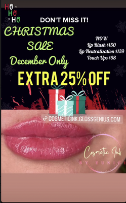 December promotions! - All December long we will be offering an extra 25% off all our services! Book now to reserve your spot and get 25% off! https://cosmeticink.glossgenius.com/about December promotions! - All December long we will be offering an extra 25% off all our services! Book now to reserve your spot and get 25% off! https://cosmeticink.glossgenius.com/about