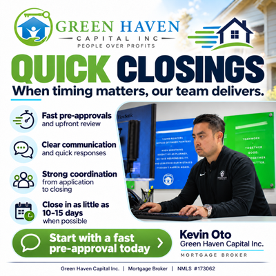 Quick Closings - In a competitive housing market, timing can make a real difference. Green Haven Capital is structured to help buyers move quickly with strong pre-approvals, upfront review, experienced processing, and close coordination with the buyer’s real estate agent and escrow team.

When the transaction allows, we can accommodate accelerated closing timelines, including closings in as little as 10–15 days. Actual timing depends on the loan program, property, appraisal, borrower documentation, underwriting, and other transaction requirements.

A fast closing can sometimes help strengthen a buyer’s offer or meet a seller’s preferred timeline.

Contact us if you need a strong pre-approval or are working with a tight closing deadline.