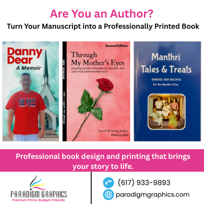 Book authors and writers - Writing a book is a huge achievement—making it look professional is what earns trust from readers, reviewers, and buyers. Many authors get stuck with inconsistent formatting, awkward page breaks, low-quality covers, or printing that doesn’t match what they pictured. At Paradigm Graphics, we help authors turn manuscripts into beautifully presented books with professional design, clean interior layout, and high-quality printing built for real-world use.
From readable typography and chapter styling to polished cover design and durable paper/binding options, we focus on clarity, consistency, and finish. Whether you’re self-publishing, printing a short run for book signings, or preparing copies for events and distribution, we’ll guide you from proof to print so your book looks intentional and credible.
Serving Burlington, MA and nearby Woburn, Bedford, Lexington, Billerica, Wilmington, Reading, Winchester, Arlington, Stoneham, and Wakefield. Contact us for a quote or print consult today. Book authors and writers - Writing a book is a huge achievement—making it look professional is what earns trust from readers, reviewers, and buyers. Many authors get stuck with inconsistent formatting, awkward page breaks, low-quality covers, or printing that doesn’t match what they pictured. At Paradigm Graphics, we help authors turn manuscripts into beautifully presented books with professional design, clean interior layout, and high-quality printing built for real-world use.
From readable typography and chapter styling to polished cover design and durable paper/binding options, we focus on clarity, consistency, and finish. Whether you’re self-publishing, printing a short run for book signings, or preparing copies for events and distribution, we’ll guide you from proof to print so your book looks intentional and credible.
Serving Burlington, MA and nearby Woburn, Bedford, Lexington, Billerica, Wilmington, Reading, Winchester, Arlington, Stoneham, and Wakefield. Contact us for a quote or print consult today.