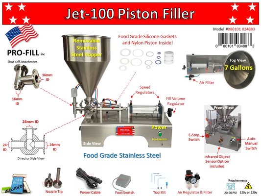 Piston Fillers - What is it for?
This machine can fill liquids, gel, lotion, oil, E-liquid, paste, scrubs, dough, peanut butter, honey, cosmetics, paint, glue, pharmaceutical, shampoo, conditioners, hair styling gels, facial mud, mascara, eyeliner, makeup foundation, tire sealant, tea, milk, ink, soap, dressing, syrup, yogurt, salsa, salsa with chunks, soup, chili and a lot more. Piston Fillers - What is it for?
This machine can fill liquids, gel, lotion, oil, E-liquid, paste, scrubs, dough, peanut butter, honey, cosmetics, paint, glue, pharmaceutical, shampoo, conditioners, hair styling gels, facial mud, mascara, eyeliner, makeup foundation, tire sealant, tea, milk, ink, soap, dressing, syrup, yogurt, salsa, salsa with chunks, soup, chili and a lot more.