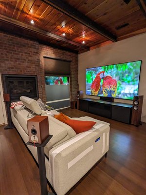 Another short throw success!!! - Posed with a bright room and wood surfaces we designed a system to integrate perfectly with the surroundings Another short throw success!!! - Posed with a bright room and wood surfaces we designed a system to integrate perfectly with the surroundings