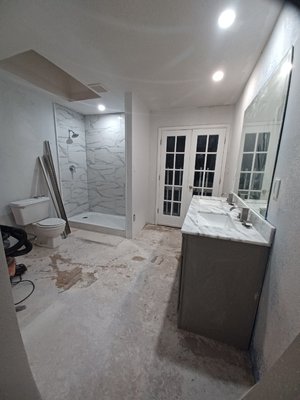 Master bathroom expansion remodel - This master Bathroom was too small so Happy House Design demo the outer wall . gutted the bathroom, built a new outer wall, drywalled, textu Master bathroom expansion remodel - This master Bathroom was too small so Happy House Design demo the outer wall . gutted the bathroom, built a new outer wall, drywalled, textu