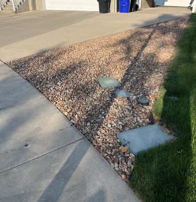 Mow strip - We removed the dead grass from these areas and added weed barrier and gravel to give this place a better look and save some money in wasted water! We also added rocks all around thier house! Mow strip - We removed the dead grass from these areas and added weed barrier and gravel to give this place a better look and save some money in wasted water! We also added rocks all around thier house!