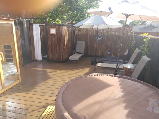 Outdoor Tropical Spa - We Built A Sauna, Hot Tub, Cold Plunge, Shower & Toilet On Top Of A Beautiful Composite Deck. Trimmed The Fence With Bamboo For A Tropical Look. Outdoor Tropical Spa - We Built A Sauna, Hot Tub, Cold Plunge, Shower & Toilet On Top Of A Beautiful Composite Deck. Trimmed The Fence With Bamboo For A Tropical Look.