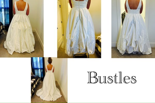Redesigning a Pageant Dress & Wedding Dress Bustle - Customer wanted a custom bustle, removal of crinoline, shoulder strap shortened and hem on wedding dress. Pageant contestant in need of redesign of pageant dress adding a V to back of dress, reworking of appliqué, changing neckline and hemming slip and dress. Redesigning a Pageant Dress & Wedding Dress Bustle - Customer wanted a custom bustle, removal of crinoline, shoulder strap shortened and hem on wedding dress. Pageant contestant in need of redesign of pageant dress adding a V to back of dress, reworking of appliqué, changing neckline and hemming slip and dress.
