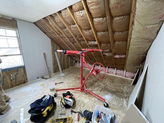 Drywall installation for an office space! - Placing drywall to finish a room above a garage! Drywall installation for an office space! - Placing drywall to finish a room above a garage!