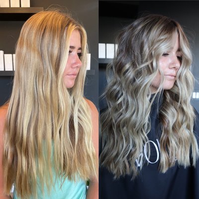 BEFORE & AFTER - Transitioned this client from a bright, yellowy high maintenance blonde to a muted, neutral low maintenance, lived in blonde that will grow out seamless. This color will last her anywhere from 4-8 months depending on her preference.