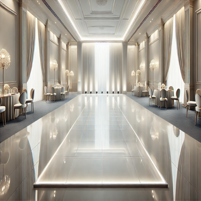 White Dance Floor - Transform your event with our stunning, brand-new white dance floor! Adjustable up to 24' x 24', its sleek and shiny surface adds elegance and a touch of luxury, creating the perfect centerpiece for unforgettable celebrations. White Dance Floor - Transform your event with our stunning, brand-new white dance floor! Adjustable up to 24' x 24', its sleek and shiny surface adds elegance and a touch of luxury, creating the perfect centerpiece for unforgettable celebrations.