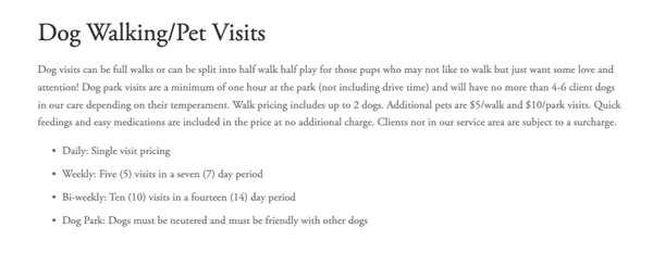 Services and Pricing - Dulci Paws provides customized care to fulfill your pet needs. The first consultation with our staff is always free. We will create a custom quote for your companion's care. To learn more about special accommodations which may require an additional fee, please visit our policies page. Contact us to get started today.