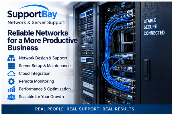 Network & Server Support - SupportBay provides reliable network and server support for small and midsize businesses throughout the Los Angeles area.
Our services include network design and troubleshooting, server setup and maintenance, cloud integration, remote monitoring, performance optimization, security improvements, and ongoing technical support.
Whether you are upgrading existing infrastructure, resolving connectivity problems, or preparing your network for future growth, SupportBay can help keep your business secure, connected, and productive. Network & Server Support - SupportBay provides reliable network and server support for small and midsize businesses throughout the Los Angeles area.
Our services include network design and troubleshooting, server setup and maintenance, cloud integration, remote monitoring, performance optimization, security improvements, and ongoing technical support.
Whether you are upgrading existing infrastructure, resolving connectivity problems, or preparing your network for future growth, SupportBay can help keep your business secure, connected, and productive.