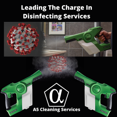 A5 Cleaning Services Disinfectant Service - When you choose A5 Cleaning Services for your disinfecting services, our goal is to ensure that your vendors, staff, and clients are feeling confident and safe upon entering your facilities. Our Electrostatic Sprayer is superior to "Foggers" that is currently being utilized by simply comparing the surface coverage of both sprayers, the time it will take to disinfect the facilities, and lastly we only use products that has been approved by Health Canada. A5 Cleaning Services Disinfectant Service - When you choose A5 Cleaning Services for your disinfecting services, our goal is to ensure that your vendors, staff, and clients are feeling confident and safe upon entering your facilities. Our Electrostatic Sprayer is superior to "Foggers" that is currently being utilized by simply comparing the surface coverage of both sprayers, the time it will take to disinfect the facilities, and lastly we only use products that has been approved by Health Canada.
