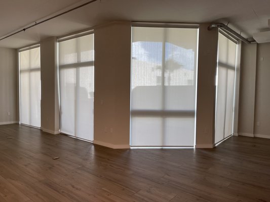 Hollywood Project - In this home, we used motorized 1% solar shades with fabric hanging valences. Hollywood Project - In this home, we used motorized 1% solar shades with fabric hanging valences.