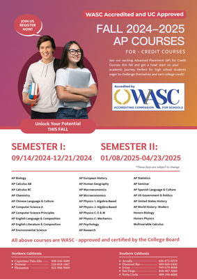AP Course Fall - [Semester I starts from: 09/14/2024-12/21/2024]
[Semester II starts from: 01/08/2025-04/23/2025]

Proud to partner with a leading education provider, this comprehensive AP program empowers students to achieve academic excellence and gain a competitive edge in college applications. The track record speaks volumes:

100% Passing Rate in AP Research: Every student enrolled in the AP Research course has successfully passed, reflecting a commitment to providing top-tier instruction and support through a trusted partnership.

98% Passing Rate in AP Seminar: AP Seminar students consistently excel, with a near-perfect passing rate. This success is a testament to expert guidance and a rigorous curriculum provided by an educational partner.

High Scores Across the Board: In both AP Research and AP Seminar, 54% of students achieve top scores of 4 and 5. Additionally, in AP US History, 75% of students reach these top scores, highlighting a focus on delivering high-quality education and preparation through this partnership.

Why Choose These AP Courses?
Exceptional Instructors: Partnered AP courses are taught by experienced educators, some of whom are College Board certified. They specialize in their respective fields and are dedicated to helping students understand complex concepts, develop critical thinking skills, and perform at their best.

Personalized Learning Experience: Every student learns differently. That’s why the partner provides personalized attention and tailored study plans to ensure each student can reach their full potential.

Comprehensive Curriculum: AP courses cover all essential content, with a strong emphasis on the skills needed to excel in AP exams. The curriculum goes beyond textbook learning by integrating real-world applications and in-depth analysis.

Proven Success: Impressive passing rates and high scores are a direct result of a commitment to excellence. Students enrolled in these AP courses not only succeed in their exams but also enhance their GPA and stand out in college applications.

Flexible Online Courses: Over 28+ AP online courses are available through the partner, providing flexibility for students to study at their own pace, from anywhere. Whether preparing for AP Research, AP Seminar, AP US History, or any other subject, there’s a course that fits.

Enroll Today and Secure Your Future
Empowering students to achieve their academic goals is at the heart of this program. AP courses, offered in partnership with a leading education provider, are not just about passing exams—they’re about building a strong foundation for future success. With exceptional passing rates and high scores, investing in these courses will enhance your GPA and help you stand out in college applications.

Don’t miss the opportunity to join the ranks of successful students. Enroll in these AP courses today and take the first step towards academic excellence and a brighter future. With partnered courses and College Board certified instructors, academic success is the top priority.
