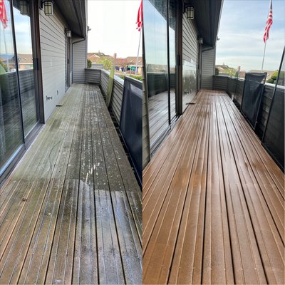 Deck Powerwashing - These composite decks were getting really ugly, and slippery from algae and built up dirt! With our special deck treatment and Powerwashing, we had these decks looking Pristinely clean in no time! Deck Powerwashing - These composite decks were getting really ugly, and slippery from algae and built up dirt! With our special deck treatment and Powerwashing, we had these decks looking Pristinely clean in no time!