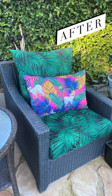 Outdoor Patio furniture revitalization. - This client came to me to see if I could replace the sun damaged cushion covers. I gave the client a portfolio of fabrics to choose from and made suggestions as to what would work with her current backyard style. Outdoor Patio furniture revitalization. - This client came to me to see if I could replace the sun damaged cushion covers. I gave the client a portfolio of fabrics to choose from and made suggestions as to what would work with her current backyard style.