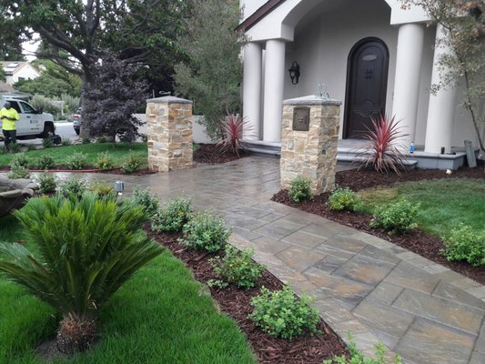 General Landscaping In Palo Alto - This was a full front yard/side yard remodel that included sod, irrigation, planting, mailbox pillars, stucco wall, and concrete.