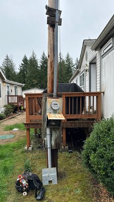 over head service change - This was an emergency service change to repair a service that was falling off rotted wood and a failed main breaker. over head service change - This was an emergency service change to repair a service that was falling off rotted wood and a failed main breaker.