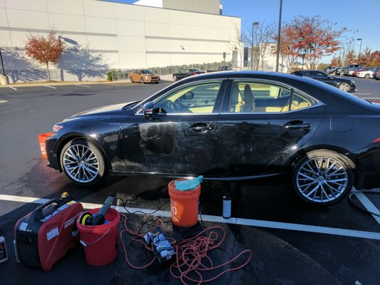 Lite Paint correction,Wetsand and Polish - Customer has a issue with swirl marks from repeatedly going through the car wash and a contractor damaged vehicle by dropping spots of concrete on the vehicle. So this a short before and after of us working to restore the vehicles paint and gloss.