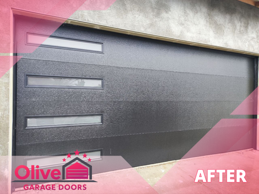 Designed Door installation for new build - For this project, the homeowner had a very specific vision in mind - a sleek black garage door with flush panels and frosted vertical windows to give the home a modern, custom look.
We worked closely with the customer to make sure every detail matched their request. The flush panel design keeps the door clean and minimal, while the frosted vertical windows add natural light and a unique architectural touch without sacrificing privacy.
Once installed, the black finish created a bold contrast against the home, instantly elevating the exterior and giving the property a sharp, contemporary feel.
It’s always great when a customer has a clear vision because the right garage door can truly bring the entire design of a home together. Designed Door installation for new build - For this project, the homeowner had a very specific vision in mind - a sleek black garage door with flush panels and frosted vertical windows to give the home a modern, custom look.
We worked closely with the customer to make sure every detail matched their request. The flush panel design keeps the door clean and minimal, while the frosted vertical windows add natural light and a unique architectural touch without sacrificing privacy.
Once installed, the black finish created a bold contrast against the home, instantly elevating the exterior and giving the property a sharp, contemporary feel.
It’s always great when a customer has a clear vision because the right garage door can truly bring the entire design of a home together.