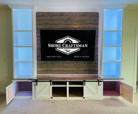 Accent walls and built in entertainment . - Custom entertainment centers are built to match your style and needs . Football , movies and games are always better with a custom home entertainment area ! Accent walls and built in entertainment . - Custom entertainment centers are built to match your style and needs . Football , movies and games are always better with a custom home entertainment area !