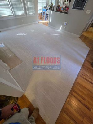 Professional Carpet Installation in Raleigh, NC 27616 - See how new carpet can change the whole space! The space looks so much more refreshing and cozy with this beautiful new carpet and upgraded 7lb moisture barrier pet protected pad. This install was done for a repeat customer which always makes us happy! Flooring done so well and nice you'll end up calling twice, see for yourself! 919-301-8500 a1floorsnc.com