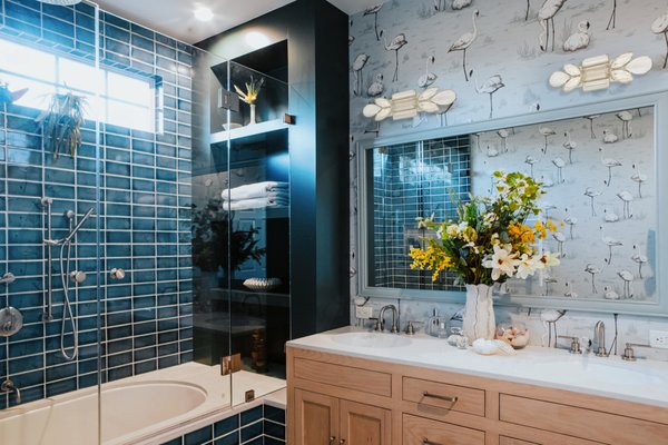 Colfax Meadows Airy Bathroom - With my clients’ affinity for birds, they fell in love with a wallpaper filled with flamingos. It became a calming oasis with just a hint of whimsy. Colfax Meadows Airy Bathroom - With my clients’ affinity for birds, they fell in love with a wallpaper filled with flamingos. It became a calming oasis with just a hint of whimsy.