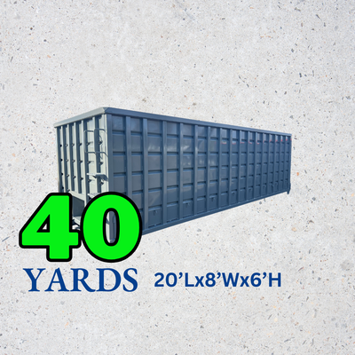 40 Yard Dumpster - 20"Lx8'Wx6'H - ✔ Designed for significant construction projects, large-scale renovations, or commercial purposes with high waste volumes.

✔ Can hold approximately 12 pickup truck loads of debris.

✔ Offers the highest capacity for handling large amounts of waste.

✔ Our go to choice for most contractors, warehouses, logistic centers, or anyone tackeling a large cleanout. 

-DUMPSTER SIZES MAY VARY