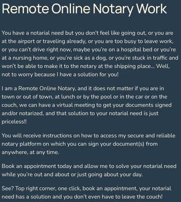 Remote Online Notary Work - 1911 Notary Signing Solutions, Remote Online Notary Work
Please visit my website, and click the book appointment button on the right top corner!
Thank you! Remote Online Notary Work - 1911 Notary Signing Solutions, Remote Online Notary Work
Please visit my website, and click the book appointment button on the right top corner!
Thank you!