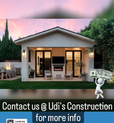 ADUs - Garage Converts, Additions, Remodels, & More - Udi's Construction #1056227 has been built mostly on referrals consumers. We make sure the building process is smooth, efficient, and stress free. No Hidden Costs - No surprises, it's our policy. Finish the job on schedule. Udi's Construction provides a full service general contractor remodeling. Udi's Construction specializes in ADU- garage converts, addition, new construction, kitchen and bathroom remodeling, and major renovations. We have experience of more than 20 years in construction. We know how to meet your expectations with high-quality performance and good harmony. CALL NOW to schedule an appointment 818-306-6230.. ADUs - Garage Converts, Additions, Remodels, & More - Udi's Construction #1056227 has been built mostly on referrals consumers. We make sure the building process is smooth, efficient, and stress free. No Hidden Costs - No surprises, it's our policy. Finish the job on schedule. Udi's Construction provides a full service general contractor remodeling. Udi's Construction specializes in ADU- garage converts, addition, new construction, kitchen and bathroom remodeling, and major renovations. We have experience of more than 20 years in construction. We know how to meet your expectations with high-quality performance and good harmony. CALL NOW to schedule an appointment 818-306-6230..