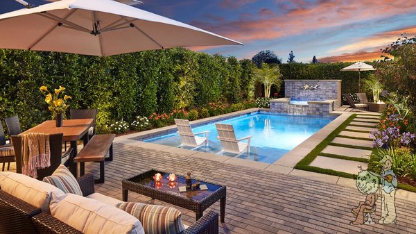 Small Glendora Back Yard - A large hedge provides privacy and serves as an unassuming backdrop, enhancing the overall value by adding mass and scale without clutter, framing the yard, and directing your eye to the point of interest.
The owners envisioned a semi-modern structured backyard to complement the architecture of their semi-modern ranch-style home. The pool, with its rectangular form, harmonizes with the steppers and the small Baja shelf, creating a comfortable and inviting space for lounging and cooling off. The rustic modern pavers present a contrasting relationship with the concrete coping and borders, while the stepping stones surrounded by artificial turf add visual interest.
The tall wall behind the spa discreetly hides the pool equipment. The lines draw your eyes to the movement of the water and the art on the spa wall, while the concrete steppers visually and functionally lead you to the fire pit. When seated at the fire pit, you gain a completely different view of the yard, adding to the dynamic experience.
The comfortable seating and dining areas are conveniently located just off the back of the house, ensuring ease of access and promoting outdoor living. This thoughtful design successfully balances modern elements with the home’s classic style, creating a cohesive, functional, and inviting outdoor space. Small Glendora Back Yard - A large hedge provides privacy and serves as an unassuming backdrop, enhancing the overall value by adding mass and scale without clutter, framing the yard, and directing your eye to the point of interest.
The owners envisioned a semi-modern structured backyard to complement the architecture of their semi-modern ranch-style home. The pool, with its rectangular form, harmonizes with the steppers and the small Baja shelf, creating a comfortable and inviting space for lounging and cooling off. The rustic modern pavers present a contrasting relationship with the concrete coping and borders, while the stepping stones surrounded by artificial turf add visual interest.
The tall wall behind the spa discreetly hides the pool equipment. The lines draw your eyes to the movement of the water and the art on the spa wall, while the concrete steppers visually and functionally lead you to the fire pit. When seated at the fire pit, you gain a completely different view of the yard, adding to the dynamic experience.
The comfortable seating and dining areas are conveniently located just off the back of the house, ensuring ease of access and promoting outdoor living. This thoughtful design successfully balances modern elements with the home’s classic style, creating a cohesive, functional, and inviting outdoor space.