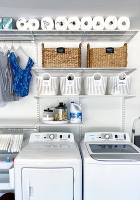 Laundry Room Transformation - From an empty wall, to an ultra-functional laundry zone! Shelving configuration, organization, and styling all by Timber Lynn Price. Laundry Room Transformation - From an empty wall, to an ultra-functional laundry zone! Shelving configuration, organization, and styling all by Timber Lynn Price.