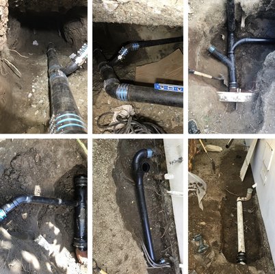 Slab drain replacement and sewer work - Major sewer and drain replacement project involving excavation beneath the slab foundation and replacement of deteriorated piping with new drainage lines.