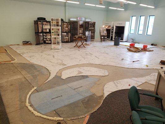 2019 Showroom Remodel - Porcelain Tile & Natural Stone - Customer stone/tile installation completed on our showroom floor in July of 2019.