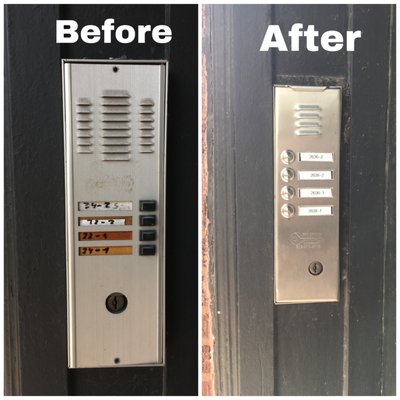 Intercom system replacement - Before and after pics of 2 intercom replacement panels.
Chicago Locksmiths intercoms department. Intercom system replacement - Before and after pics of 2 intercom replacement panels.
Chicago Locksmiths intercoms department.