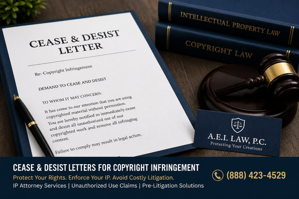 Cease & Desist Letter - Copyright Infringement - If you have received a cease and desist letter from someone claiming that you are using their copyrighted work without permission, or you have noticed someone else using your copyrighted works without your authorization, it is important to have an intellectual property attorney to handle the issue for you. Before commencing litigation it is customary to send them a cease and desist letter and make a demand for payment for their past unauthorized use of your intellectual property.
Get in touch with A.E.I. Law, P.C. to have a copyright attorney on your side. You can call us at (888)-423-4529.
*Please note that pricing may vary depending on your specific circumstances. Cease & Desist Letter - Copyright Infringement - If you have received a cease and desist letter from someone claiming that you are using their copyrighted work without permission, or you have noticed someone else using your copyrighted works without your authorization, it is important to have an intellectual property attorney to handle the issue for you. Before commencing litigation it is customary to send them a cease and desist letter and make a demand for payment for their past unauthorized use of your intellectual property.
Get in touch with A.E.I. Law, P.C. to have a copyright attorney on your side. You can call us at (888)-423-4529.
*Please note that pricing may vary depending on your specific circumstances.