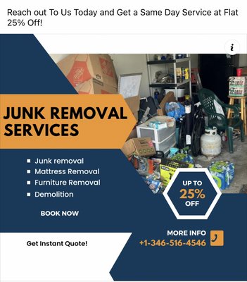 Demolición and junk removal.. Yard clean out - Hello! Alonzo Junk Removal & Demolition here!
We offer Junk/Trash removal
Same day or next day service guaranteed
Text or call us (346-516-45-46!
A few things we pick up!
(If not listed feel free to ask!)
✔️Yard Debris, Tree Limbs & Small/Large Logs
✔️Cut & Removal of Fallen Trees
✔️Move-in/Move-out Clean-out
✔️Construction Debris Clean-up
✔️Garage, Shed & Storage Clean-out
✔️Furniture (Mattresses/Couches/Tables etc) ✔️Appliance Removal
✔️Hot Tub & Above Ground Pool Removal
✔️Property Clean-up
✔️Whole House Clean-out
✔️Hoarding Clean-out
✔️Carpet & Padding Removal
✔️Demolition of Decks/Houses/Barns/Sheds
✔️Fence Demo & Removal
✔️And much MORE!! Demolición and junk removal.. Yard clean out - Hello! Alonzo Junk Removal & Demolition here!
We offer Junk/Trash removal
Same day or next day service guaranteed
Text or call us (346-516-45-46!
A few things we pick up!
(If not listed feel free to ask!)
✔️Yard Debris, Tree Limbs & Small/Large Logs
✔️Cut & Removal of Fallen Trees
✔️Move-in/Move-out Clean-out
✔️Construction Debris Clean-up
✔️Garage, Shed & Storage Clean-out
✔️Furniture (Mattresses/Couches/Tables etc) ✔️Appliance Removal
✔️Hot Tub & Above Ground Pool Removal
✔️Property Clean-up
✔️Whole House Clean-out
✔️Hoarding Clean-out
✔️Carpet & Padding Removal
✔️Demolition of Decks/Houses/Barns/Sheds
✔️Fence Demo & Removal
✔️And much MORE!!